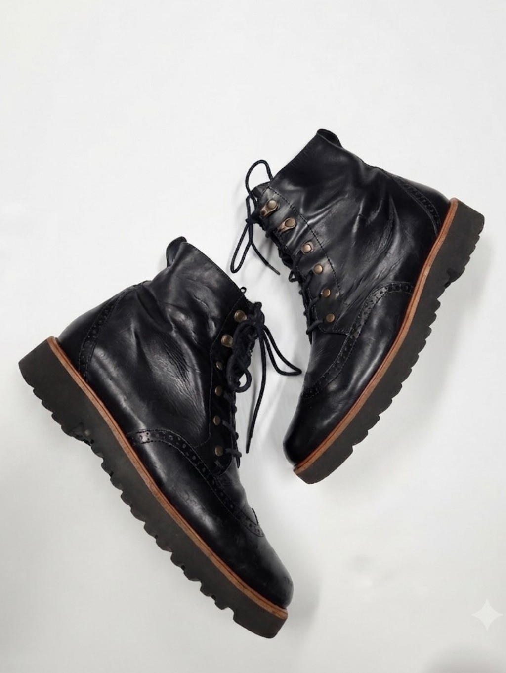 Paul Green Black Leather Lace-Up Lug Sole Boots Womenâs Size 9 (Uk 6.5)